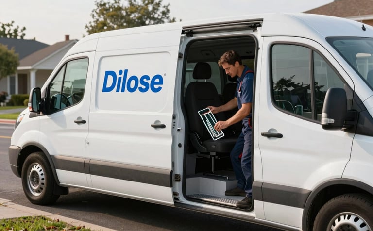 A crisp, commercial-style photograph of a modern white service van with professional blue branding parked on a suburban North American street. A technician is seen at the open rear doors, organizing clean, high-tech glass tools. The lighting is soft morning sun, highlighting a sense of efficient, customer-centric service.