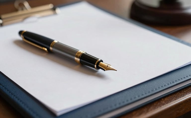 A close-up photograph of a luxury legal desk with a fountain pen and mist white documents, lit with warm natural light, reflecting a professional atmosphere of midnight blue and soft gold accents.