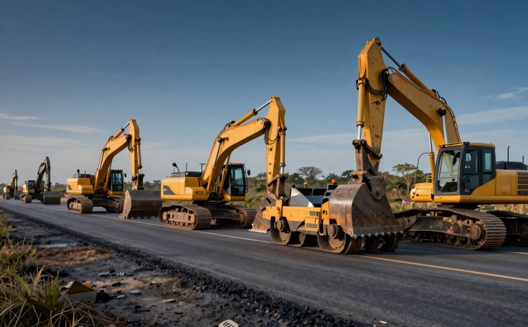 A fleet of yellow heavy machinery, including excavators and asphalt pavers, working on a large-scale highway project in a Latin American / Mexican landscape. Wide shot showcasing the magnitude of the heavy civil works. Cinematic morning lighting. Colors: orange machinery, dark blue sky, gray asphalt road.