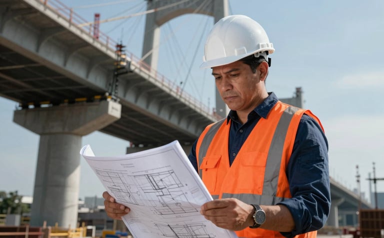 A professional Latin American / Mexican engineer wearing a white hard hat and an orange safety vest, examining high-detail blueprints on a construction site. In the background, a massive bridge structure is under development against a clear sky. High-contrast, sharp focus, professional corporate photography. Colors: dark blue shadows, orange safety accents, light gray concrete.