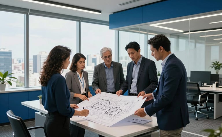 A group of professionals discussing blueprints in a modern South American / Brazilian corporate office. High-tech environment with Steel Blue furniture and Sky Blue accents, overlooking the cityscape through large windows.