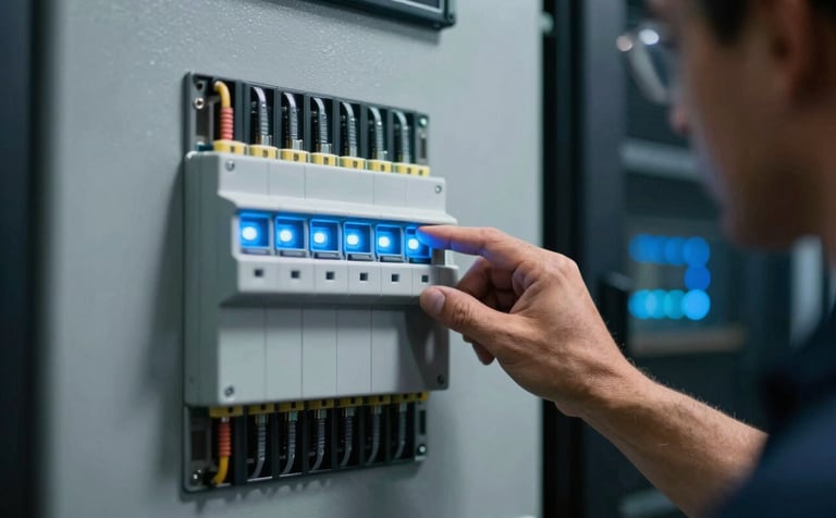 Close-up of a technician's hand inspecting a modern electrical control panel with technical precision in a South American / Brazilian data center. The panel glows with subtle status lights in Sky Blue, against a Cloud Grey metallic surface.