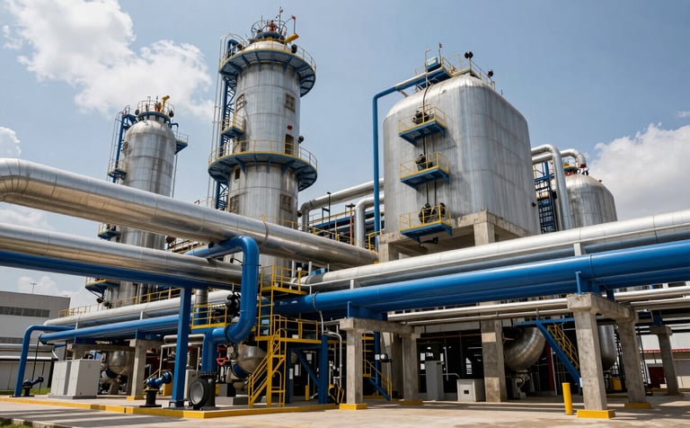Professional photography of a large-scale industrial facility in a South American / Brazilian city. The scene features clean lines of Steel Blue piping and Cloud Grey concrete structures under bright, natural daylight. The atmosphere is secure, professional, and reflects high-end engineering maintenance.