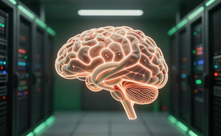 A cinematic, futuristic visualization of a neural network glow, subtly integrating the brand's Deep Ripe Crimson and Crisp Parchment colors. The scene shows a modern, minimalist server room with Matte Forest Green lighting on the edges. Tech-forward and sophisticated.