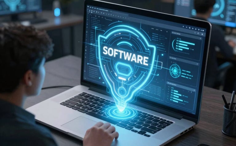 A top-down view of a professional team collaborating around a large wooden table. They are looking at data visualizations on multiple screens. The lighting is bright and professional. Hints of Deep Ripe Crimson in the software and Matte Forest Green in the office decor. Approachable and professional atmosphere.