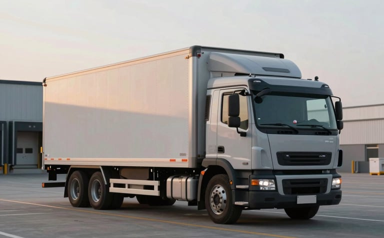 A modern refrigerated transport truck at a clean loading bay during early morning. Efficient, professional logistics scene with a focus on temperature control and reliability. Palette uses #1A3B2B for the truck and #F7FAF6 for the bright morning sky.