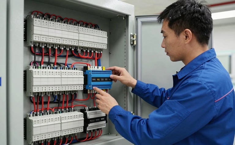 A modern industrial automation control panel with complex wiring and PLC components, organized and professional, a Turkish / Anatolian electrical engineer in a uniform inspecting the panel, Soft Ice White and Steel Blue color scheme, bright technical lighting.