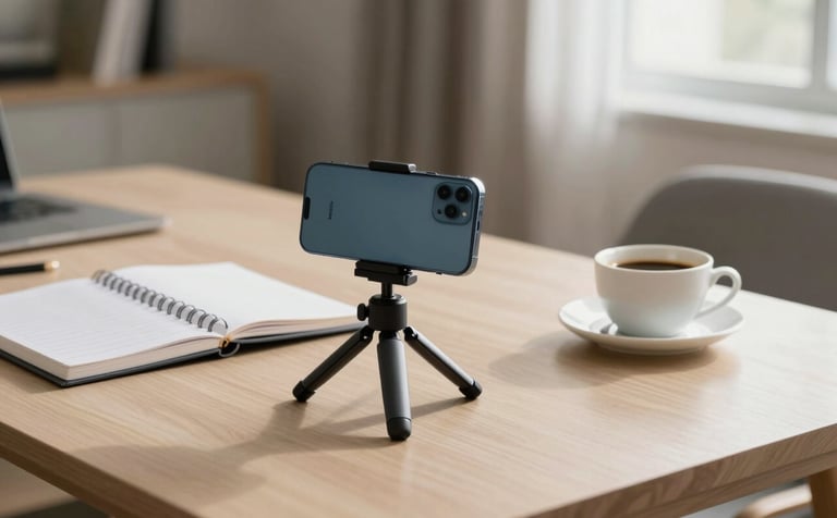 A sophisticated minimalist workspace in a bright Brazilian apartment. A modern smartphone sits on a sleek tripod next to a designer notebook and a cup of coffee on a light beige wooden desk. Soft natural lighting creates an elegant, professional atmosphere.