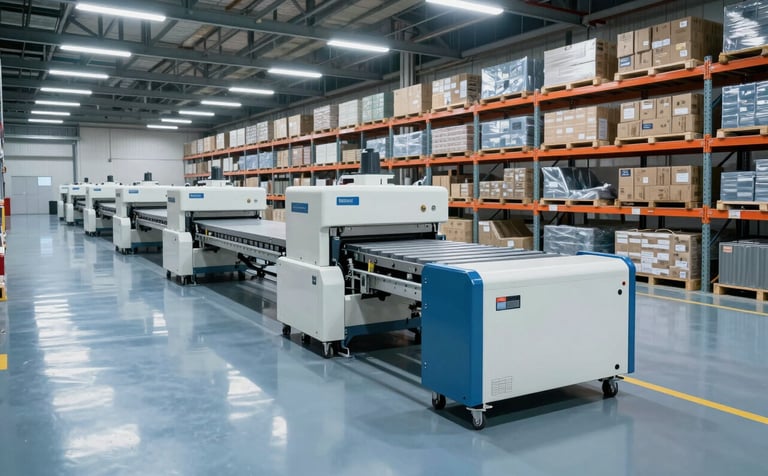 A high-tech, clean interior of a massive logistics fulfillment center in North America. The floor is polished and reflects cool light blue tones, with automated sorting machines and rows of organized steel shelving under bright, professional warehouse lighting.