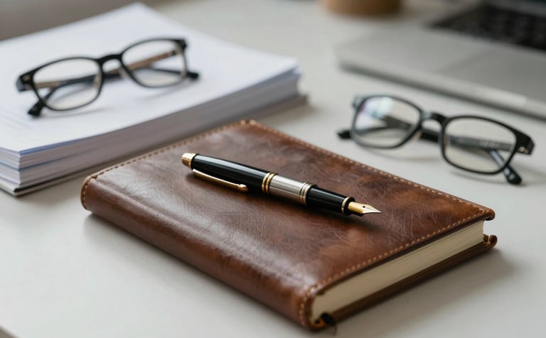 A sophisticated workspace with a vintage fountain pen resting on a leather-bound journal. Beside it are stacks of academic journals and a pair of reading glasses. The lighting is soft and professional, using a palette of #1F3F49 and #B8C7C9 to create an atmosphere of academic rigor and creative flow.
