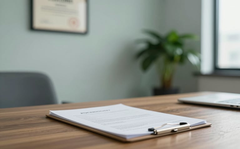 A clean, modern professional office environment. On a polished wooden table sits a clipboard with a psychologist's assessment form. A diploma hangs on the wall behind a potted plant. The lighting is inviting and trustworthy, incorporating #1F3F49 and #F5F7F8.