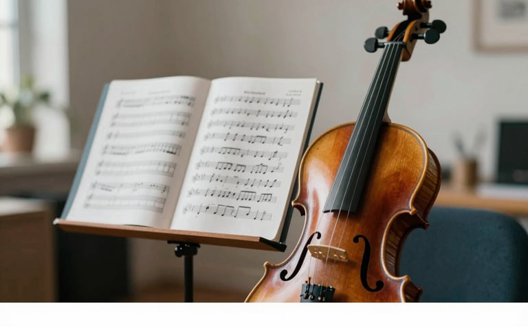 A close-up of a classical violin and a wooden music stand holding sheet music with intricate notations. The background is a warm, creative studio space with soft shadows. The colors include deep teals #527A79 and light greys #B8C7C9, reflecting a compassionate and artistic spirit.