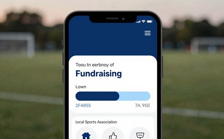 A close-up shot of a smartphone screen showing a fundraising progress bar for a local sports association. The background is a soft-focus athletic field at dusk. The UI elements on the phone incorporate #2F4858 and #7A9EAF for a professional, reliable feel.