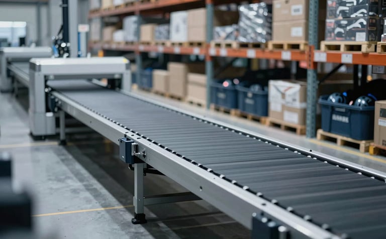 A high-tech warehouse scene with automated packing belts and organized bins of sports equipment. The lighting is crisp and cool, featuring deep #1A202C shadows and bright #F0F4F8 highlights, emphasizing efficiency and streamlined logistics.