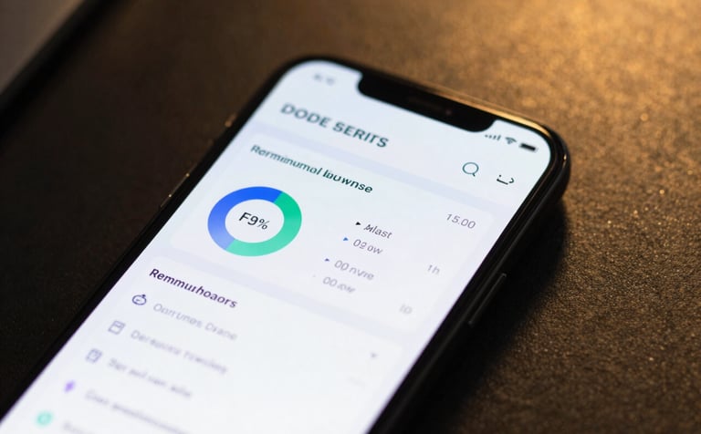 A sophisticated macro shot of a smartphone screen showing a premium business dashboard. The background is a blurred high-end office with warm gold lighting and deep black shadows. Style is silently assertive and professional.