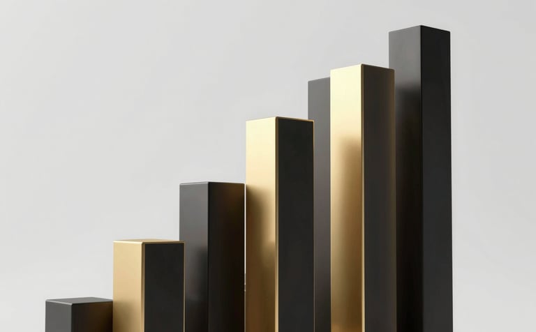 An abstract, luxurious 3D render of rising architectural columns in matte black and polished gold. The composition is clean and minimalist, representing significant business growth. Lighting is dramatic and high-contrast.