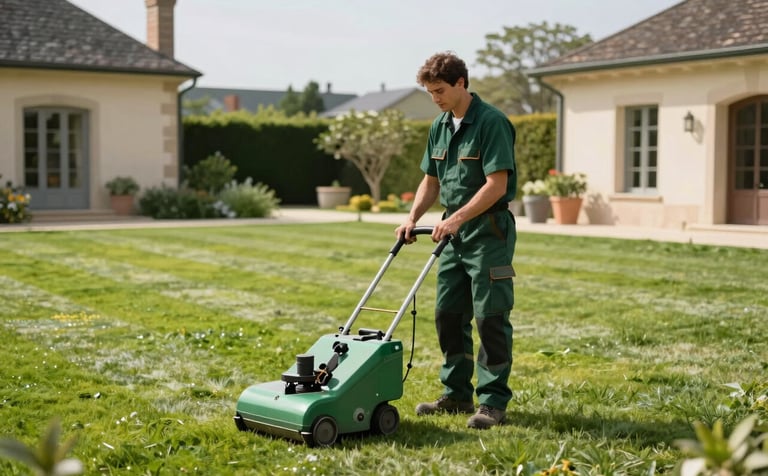 A professional gardener mowing a large, perfectly manicured lawn in a property in Northern France. The setting shows a clear day, with the professional wearing dark forest green workwear. High-quality photography with soft beige accents in the surrounding architecture.