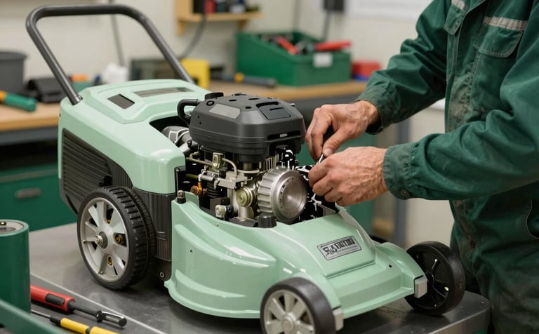 A clean, technical workshop in Northern France where a mechanic is repairing a lawnmower engine. The environment is organized and professional, reflecting technical mastery. Accents of pale spring green and dark forest green tools are visible.
