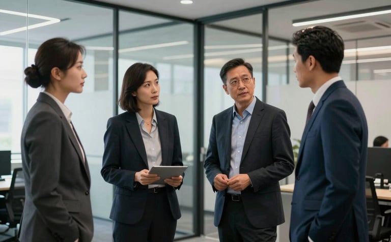 A professional medium shot of corporate experts in business attire collaborating in a modern North American office suite. The scene features clean lines, glass partitions, and a palette of charcoal and muted blue. The mood is expert and reliable.