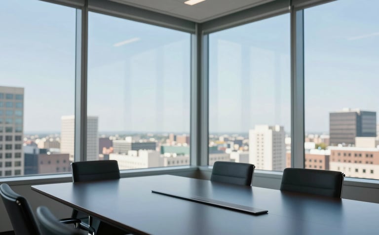 Professional photography of a sun-drenched North American boardroom with large windows overlooking a cityscape. A polished dark blue table sits in the foreground with minimalist decor. The lighting is bright and clean, emphasizing a corporate and trustworthy atmosphere in shades of muted blue and light grey.