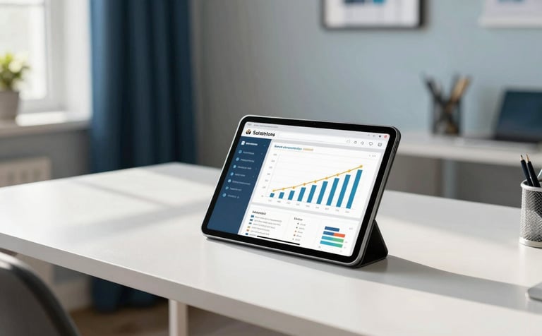 A professional and brightly lit home office in the North American US, featuring a clean desk with a tablet displaying social media growth charts. The room has soft morning light, and the decor includes subtle navy blue and light blue accents, conveying a focused and approachable entrepreneurial vibe.