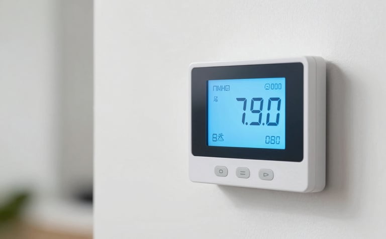 High-quality photography of a modern digital thermostat mounted on a clean white wall in a US residential setting. The screen glows with a soft light blue color, indicating a cool interior temperature. The composition is sharp and minimalist.