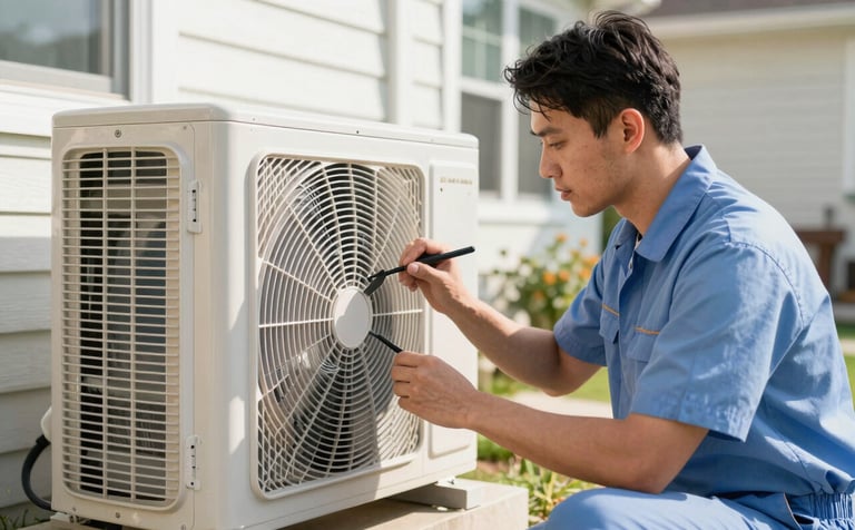 A professional technician in a clean uniform inspecting an outdoor air conditioning unit at a North American home. The lighting is bright and sunny, highlighting the metallic textures of the equipment. The scene uses a palette of white and light blue to convey cleanliness and reliability.