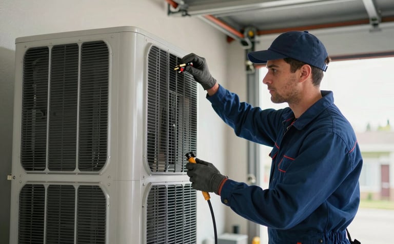 An expert HVAC installer carefully installing a new indoor air handling unit in a well-lit North American garage. The technician is wearing protective gear and using professional tools. The scene features dark blue and silver metallic accents.