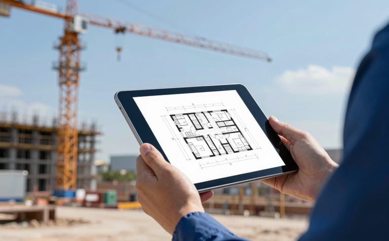 Close-up of a site manager's hands holding a tablet showing architectural blueprints on a sunny day. In the background, a construction crane towers over a clean site. The colors reflect #5C7D99 and #2C3E50, emphasizing technology and professionalism.