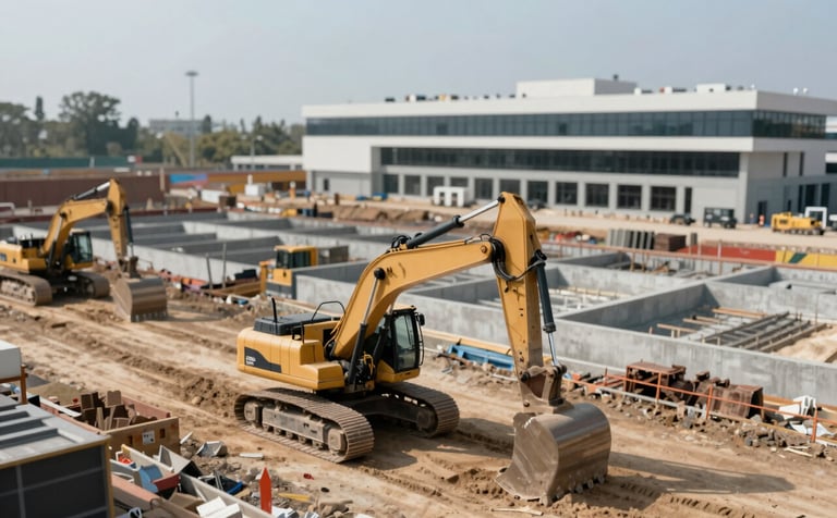 A wide-angle shot of a large-scale government infrastructure project. Professional earth-moving equipment and concrete foundations for a public building are visible. The mood is authoritative and efficient, featuring a palette of #2C3E50 and #A68A6B tones in the machinery and environment.