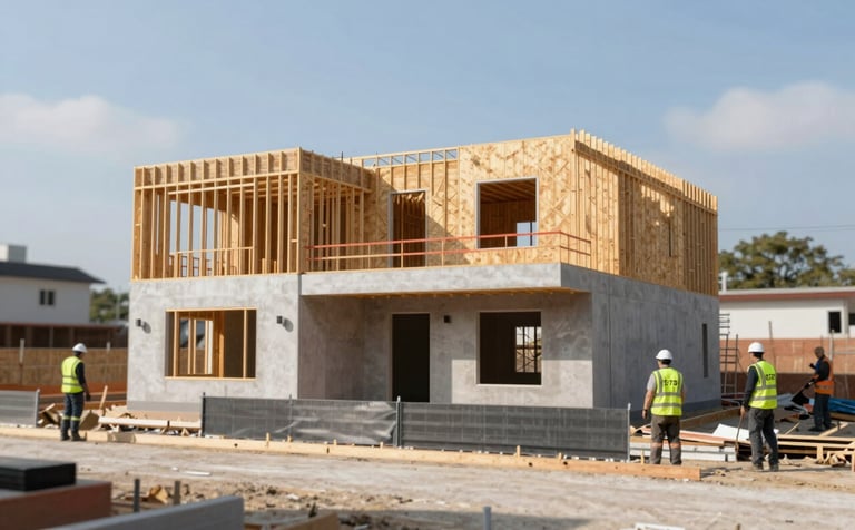 A high-end residential construction site featuring a modern two-story home frame under a bright, professional sky. The scene shows clean materials, a secure perimeter, and workers in #5C7D99 safety vests. The lighting is crisp, highlighting the integrity and quality of the craftsmanship. Sophisticated and modern atmosphere.