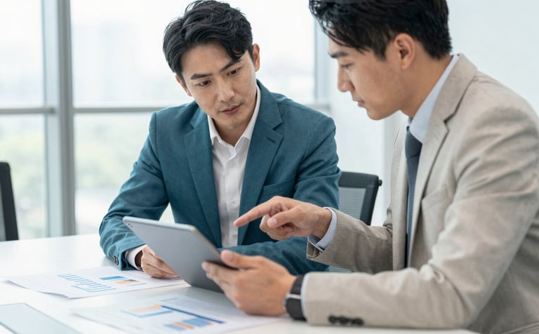 Two business professionals in North American / US business-casual attire reviewing a structured financial plan on a tablet in a brightly lit, modern conference room. The atmosphere is collaborative and forward-thinking. Colors include medium teal and off-white.