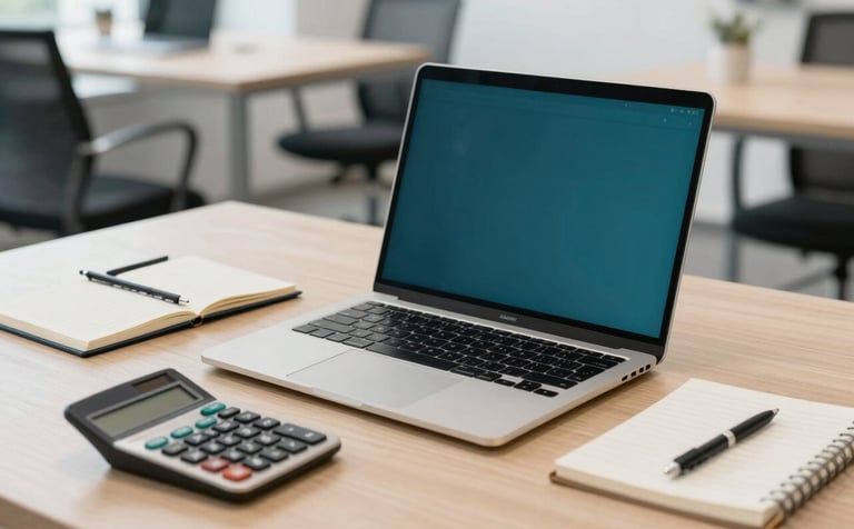 A clean, modern workspace in a Bothell, Washington office with a high-end laptop, a digital calculator, and a notebook on a light wood desk. The lighting is bright and professional, creating a sense of clarity and organization. North American / US style, incorporating shades of dark teal and off-white.