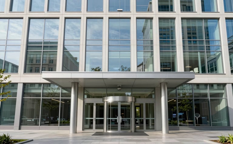 A sharp, professional wide shot of a modern glass office building entrance in a German city. The scene is bright with cool natural light, highlighting clean lines and understated architectural sophistication in shades of light blue-gray and off-white.