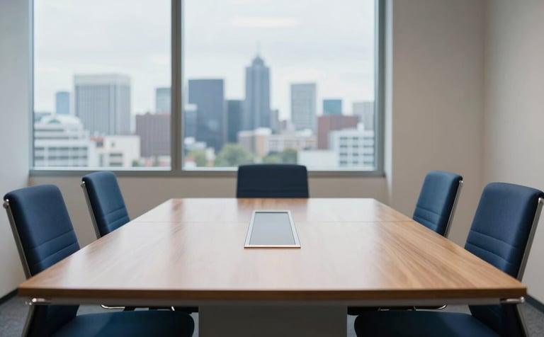 A photography of a clean, minimalist German boardroom with a large window overlooking a city skyline. Soft natural lighting, deep blue chairs around a light-colored wooden table, reflecting a mood of professional efficiency and clarity.