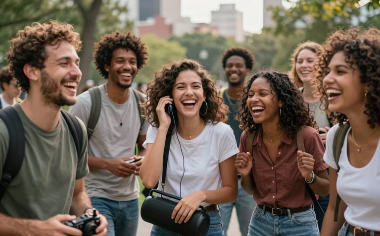 A candid photograph of a diverse group of young adults in a North American urban park, laughing together while listening to a portable speaker. The atmosphere is vibrant and empowering, capturing a moment of genuine human connection through music.