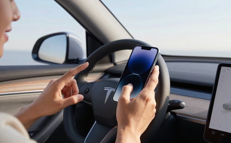 A close-up photograph of a person in a modern North American rideshare vehicle, speaking naturally into a sleek smartphone mounted on the dashboard. The lighting is soft morning sunlight. The car interior is clean and sophisticated with charcoal and light grey tones, emphasizing a sense of convenience and modern tech.