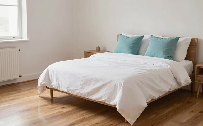 A bright and airy studio apartment with polished wooden floors and a perfectly made bed with crisp white linens. Soft aqua pillows add a touch of color. The lighting is natural and professional, emphasizing a spotless, welcoming environment for a new guest.