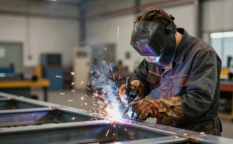 A professional welder working on a custom steel structure in a clean workshop. Sparks illuminate the scene, emphasizing meticulous attention to detail. The atmosphere is one of unwavering reliability and modern professionalism. Colors: #2C272E, #6B4C38, #B7A598.