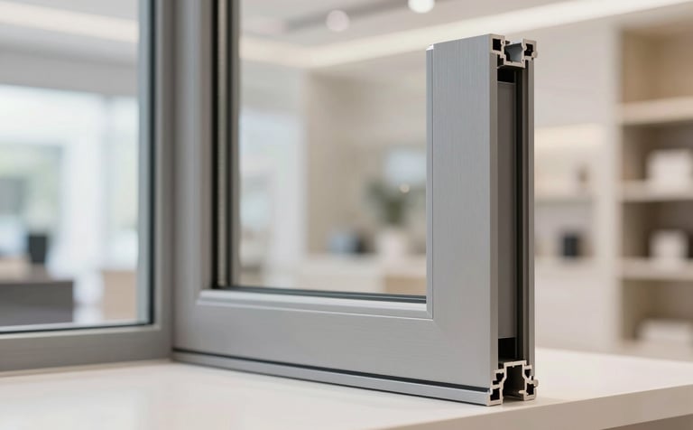 A close-up shot of a high-quality aluminium window frame with sleek glass, showcasing sophisticated craftsmanship. The setting is a bright, modern Riyadh showroom with clean lines. The palette includes metallic greys and soft neutrals from the brand colors #B7A598 and #F8F5F2.
