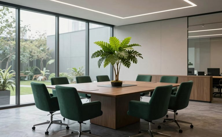 A wide shot of a minimalist, sophisticated conference room. Large glass windows let in natural light. The furniture includes deep forest green chairs and a seafoam green plant centerpiece, conveying stability and growth.