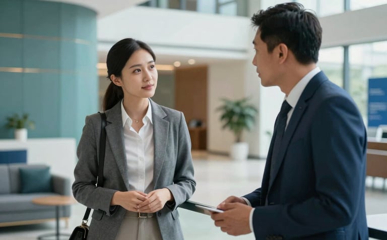 A professional portrait of two financial partners in conversation in a bright, high-end office lobby. Accents of muted teal blue and bright steel blue appear in the decor, reflecting trust and expertise.