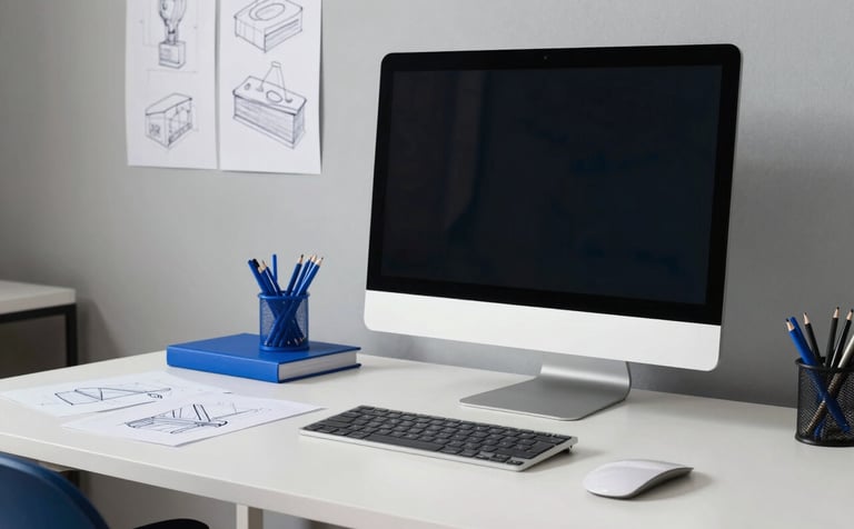 A designer's workspace in a European / French studio, showing a high-end monitor and sketches. The color palette includes pale mist grey walls and royal blue stationery. Clean and creative professional atmosphere.