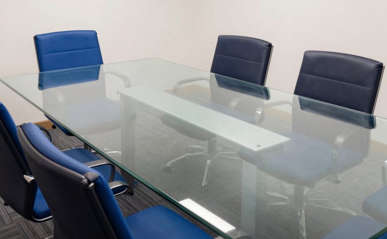 A high-angle shot of a clean, modern conference room in a European / French business district. A glass table reflects soft lighting. The room features royal blue and dark navy blue accents. Minimalist and professional photography style.