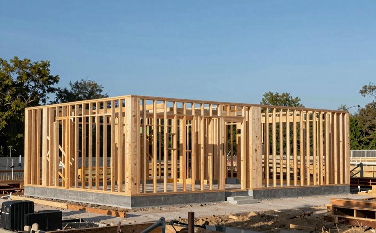 A wide-angle professional photograph of a residential construction site featuring clean, modern timber framing against a clear blue sky. Sage green foliage in the background provides a natural contrast. The scene is organized and professional.