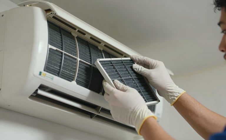 A close-up photograph of a technician's hands wearing gloves while carefully cleaning the filters of an indoor AC unit. The lighting is soft and professional, highlighting the attention to detail in a clean Latin American household setting.