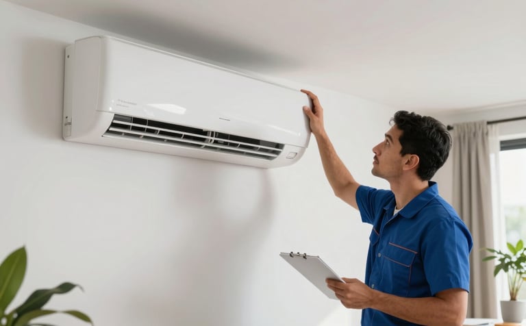 A professional technician in a clean uniform installing a sleek, modern white split air conditioning unit on a wall in a bright, contemporary Latin American living room. The scene is filled with natural daylight, showing a clean and organized workspace with a focus on reliability and professionalism.