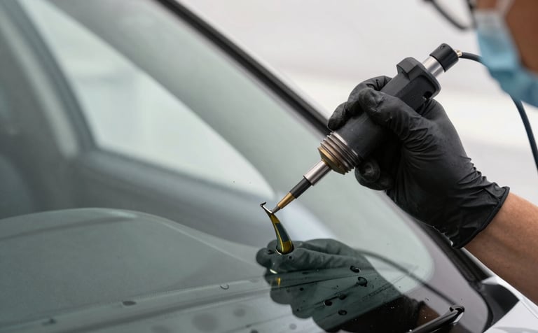 Close-up photography of a professional technician's gloved hand using a precision resin injection tool to repair a stone chip on a car windshield. Bright North American daylight reflects off the clean glass. Professional, sterile automotive environment with a focus on precision and clarity.