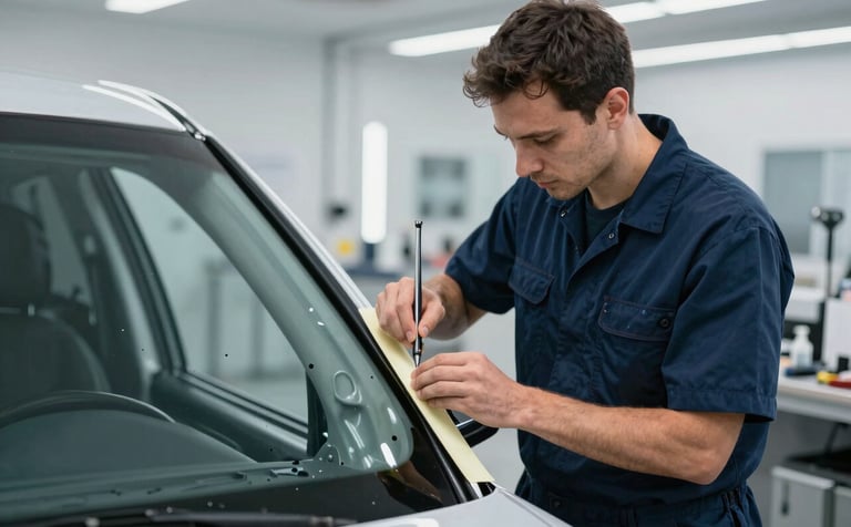 A professional North American auto glass technician in a clean navy blue uniform carefully applying adhesive to the frame of a modern vehicle. The scene is set in a bright, modern workshop with high-end tools and a focus on safety and reliability. Elevated, cool tones throughout.