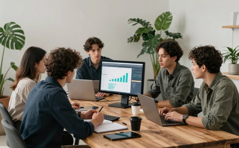 A professional marketing team in a light-filled North American / European creative studio, collaborating around a large wooden table. They are reviewing digital growth metrics on screens with matte forest green plants in the corner. The atmosphere is sophisticated and authentic.